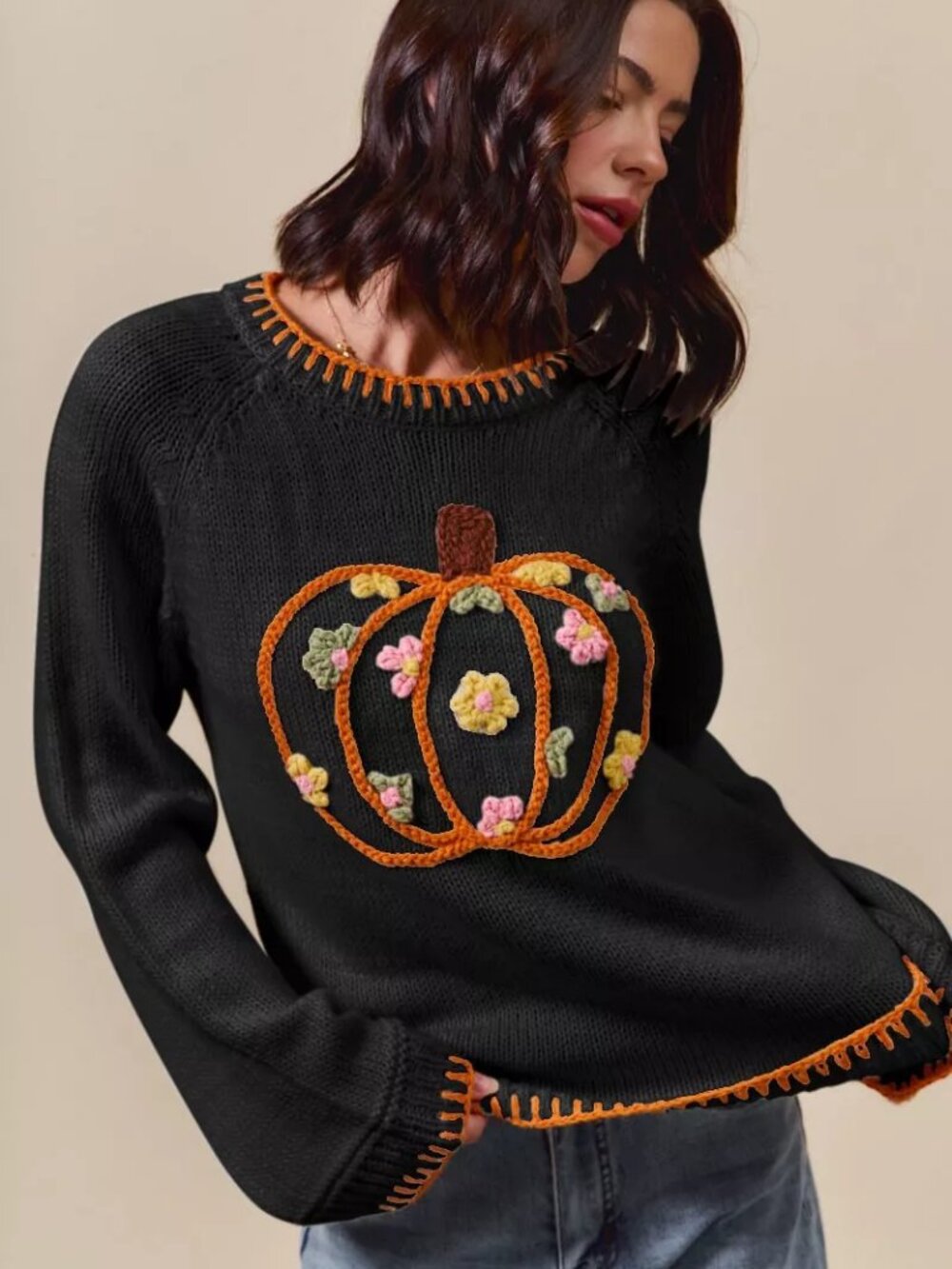 SO ME Women's Fall Pumpkin Embroidered Sweater